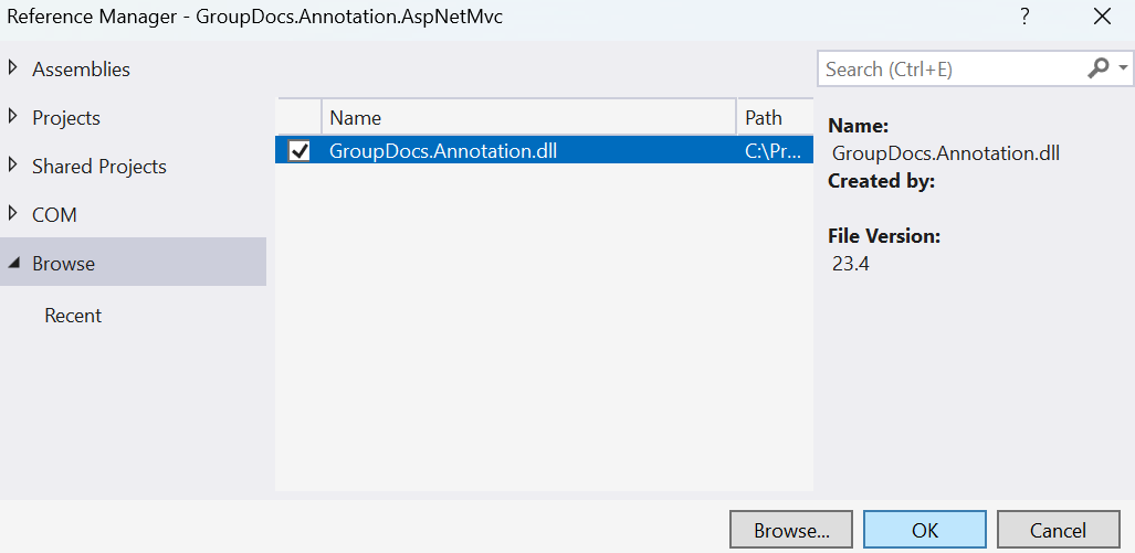 Browse for the GroupDocs.Annotation assembly