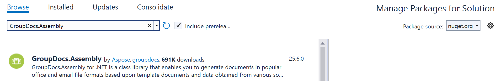 Install GroupDocs.Assembly NuGet package in Visual Studio