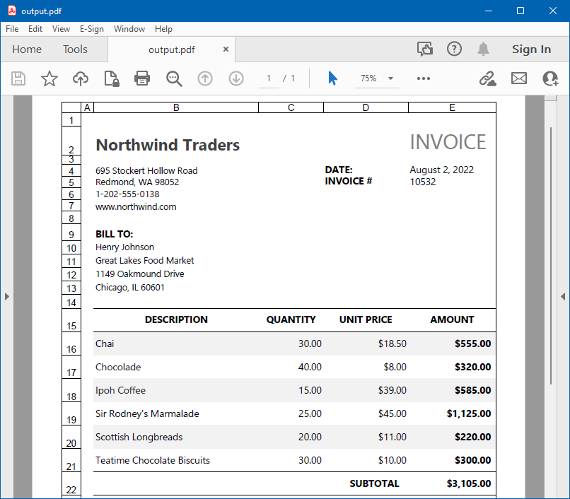 Render an Excel file with row and column headings to PDF